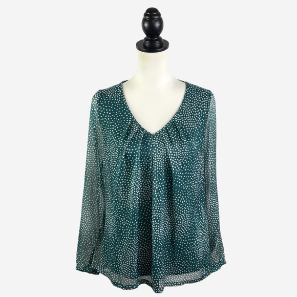 Boden Aubrey Jersey Knit Top Womens US 6 Chiffon Overlay Polka Dot Blouse Green - Picture 2 of 12